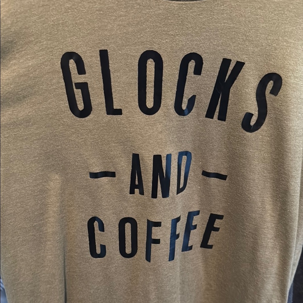 Fresh Clean Tees Tan Olive Green Custom Graphic Glocks and Coffee T Shirt New